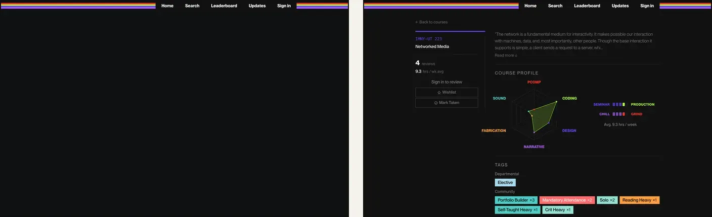 The first version: a dark landing page and a dark course page.