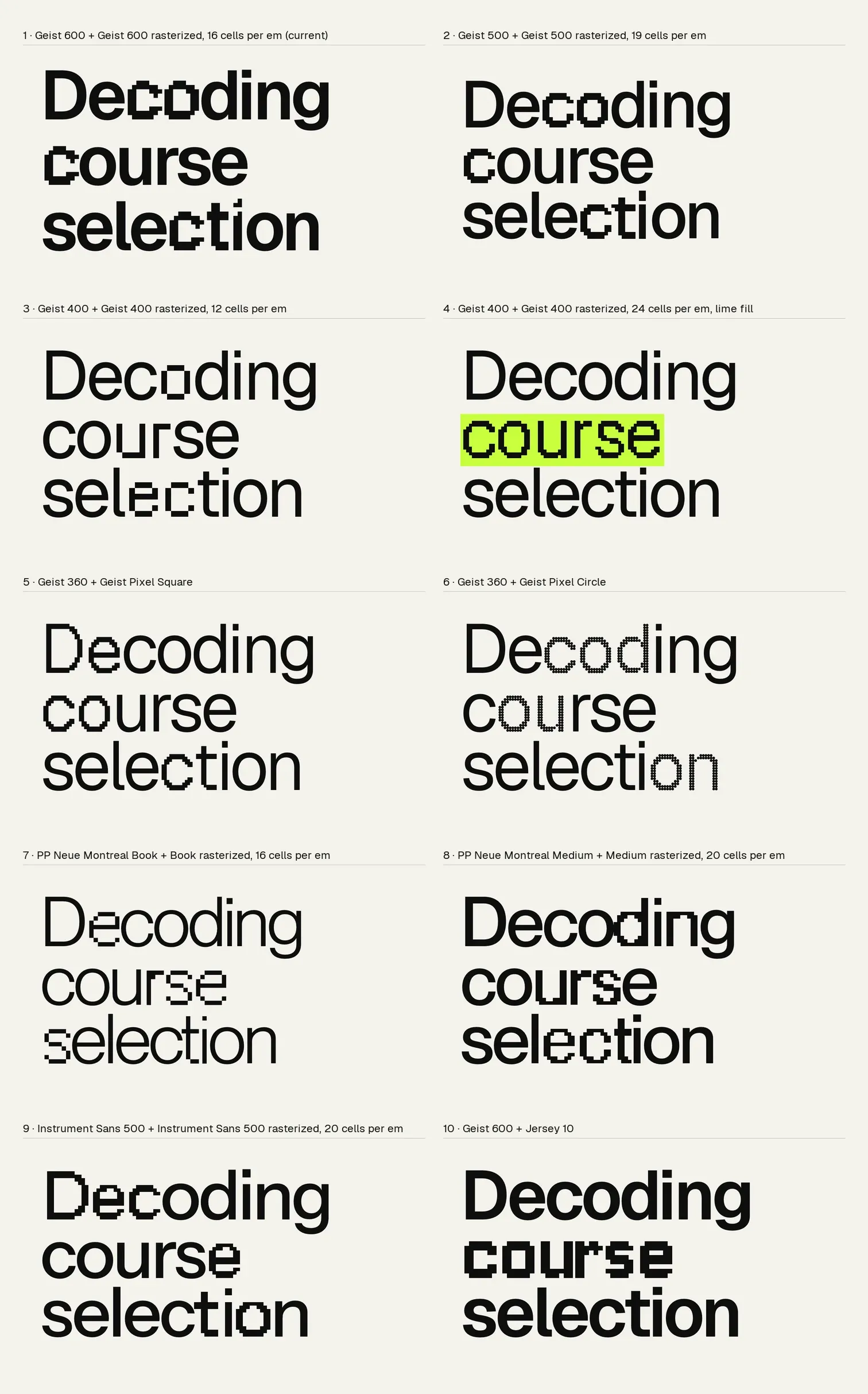 Ten pairings of a smooth font with pixel letters, numbered 1 to 10.