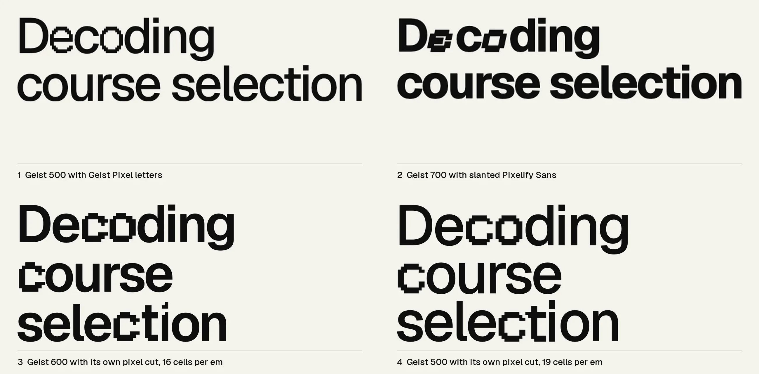 Four versions of the headline “Decoding course selection”, from the first pass to the final one.