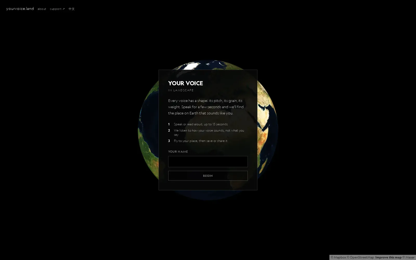 Satellite globe behind a “Your voice in landscape” panel
