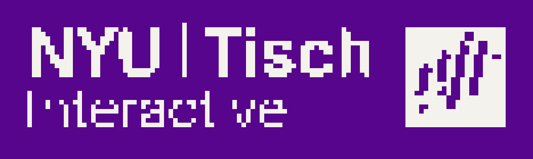 The first try: a full-width pixelated NYU Tisch Interactive lockup decoding under a moving pointer.
